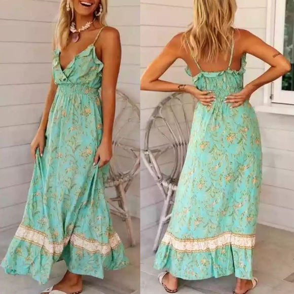 Dresses & Skirts - Boho Floral Gypsy Print Ruffle Maxi Mint Dress